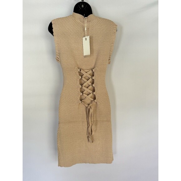 NWT Endless Rose Cream Textured Knit Crochet Bodycon Mini Dress Size L Tie Back - Picture 4 of 9
